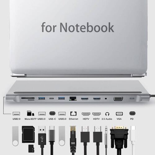 12 En 1 Usb Hub Adaptador 3.0 Tipo C Rj45 2x Hdmi Para Mac