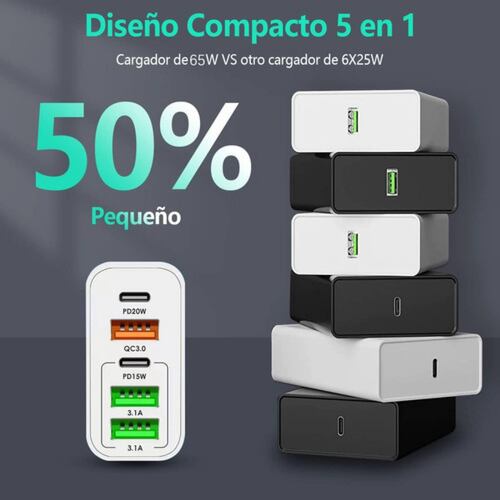 Cargador Usb Tipo C Adaptador 65w 5 En 1 Carga Rápida Pd 20w
