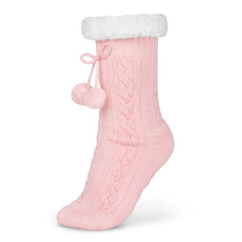 Calcetines Invernales Térmicos Pantuflas de Borrega para Invierno con Antiderrapante 1 Par Rosa con Pompones REAL TEXTIL.