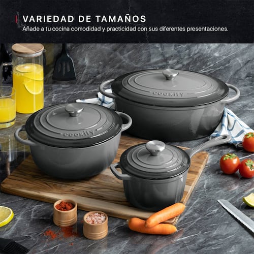 Horno Holandés Olla De Hierro Fundido Con Esmaltado 7 Lts Gris Cookify.