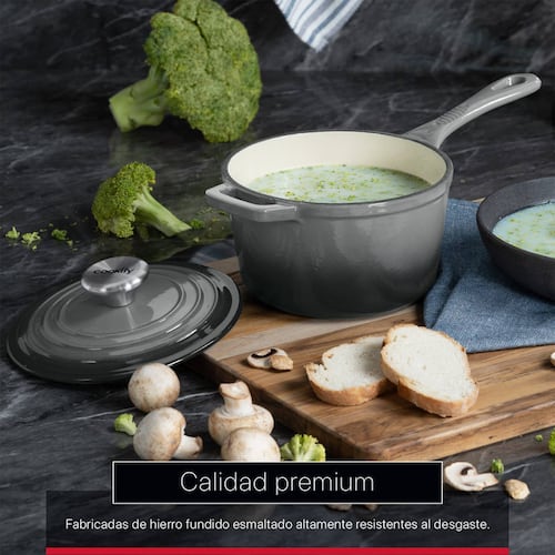 Olla de Hierro Fundido Esmaltado con Tapa 1.5 Lts Gris Cookify.
