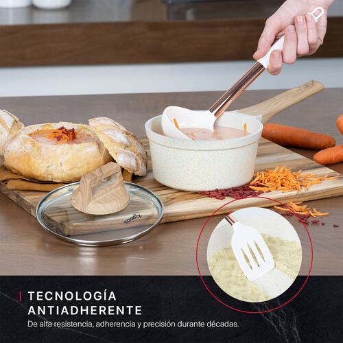 Olla Cacerola Antiadherente Con Tapa 16 cm De Mármol Beige Cookify.