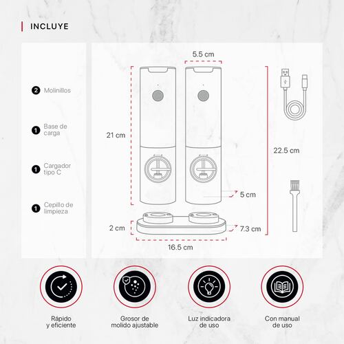Set Molinillo Eléctrico de Sal y Pimienta Recargable Molino para Especias Cookify.