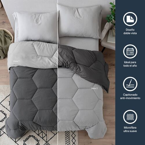 Edredón Acolchado Duvet  Matrimonial de Doble Vista Gris Oscuro - Gris Medio ESQUIMAL.