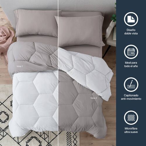 Edredón Acolchado Duvet Matrimonial XL de Doble Vista Blanco - Gris Cálido ESQUIMAL.
