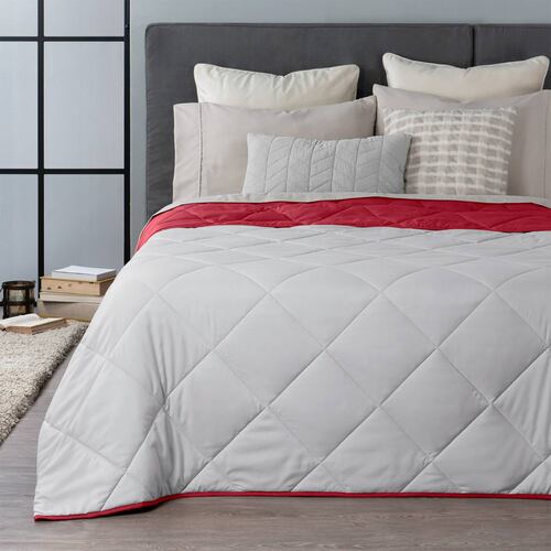 Edredón Colcha Ligero de Doble Vista Matrimonial Gris Claro - Rojo Real Textil