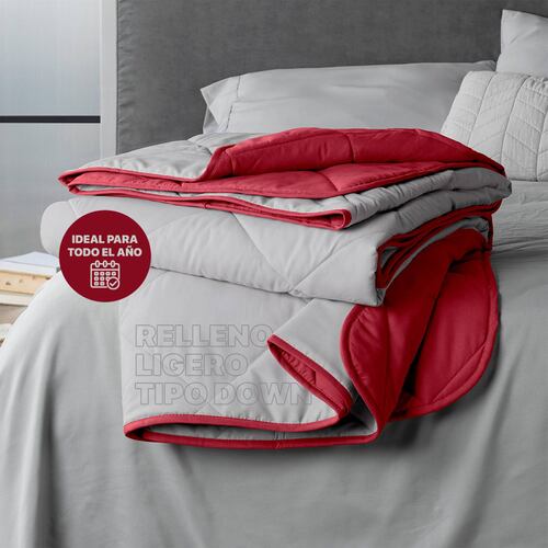 Edredón Colcha Ligero de Doble Vista Matrimonial Gris Claro - Rojo Real Textil