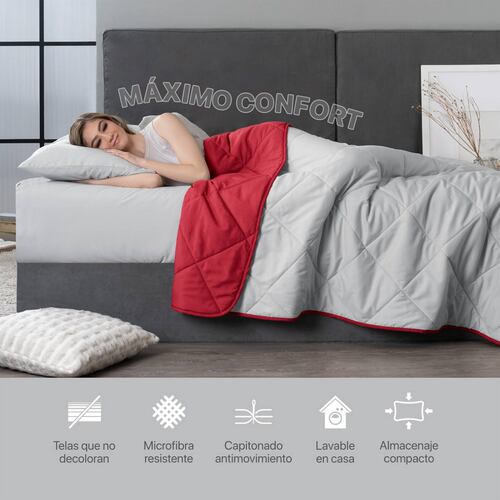Edredón Colcha Ligero de Doble Vista Matrimonial Gris Claro - Rojo Real Textil