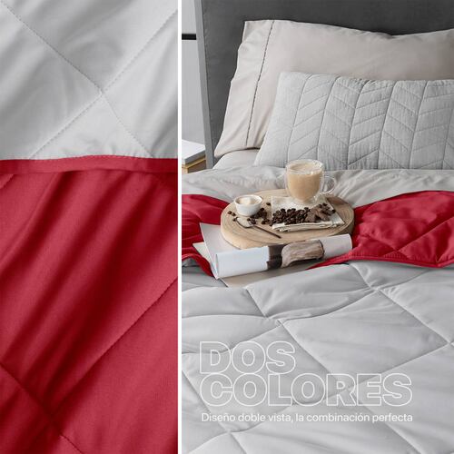 Edredón Colcha Ligero de Doble Vista Queen Size Gris Claro - Rojo Real Textil