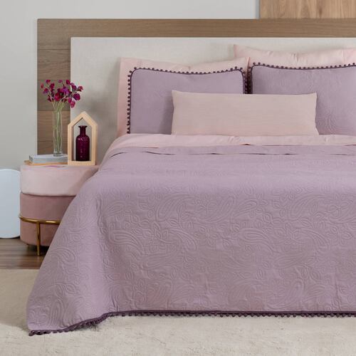 Edredón Ligero con Pompones Matrimonial y Fundas de Almohada Lavanda Morado REAL TEXTIL.