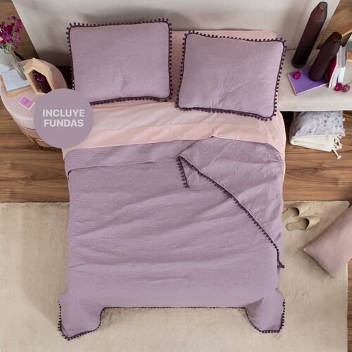 Edredón Ligero con Pompones Matrimonial y Fundas de Almohada Lavanda Morado REAL TEXTIL.