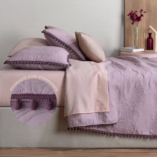 Edredón Ligero con Pompones Matrimonial y Fundas de Almohada Lavanda Morado REAL TEXTIL.