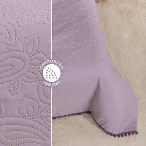Edredón Ligero con Pompones Matrimonial y Fundas de Almohada Lavanda Morado REAL TEXTIL.