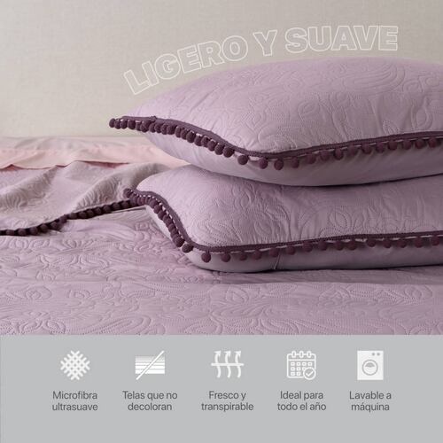 Edredón Ligero con Pompones Matrimonial y Fundas de Almohada Lavanda Morado REAL TEXTIL.