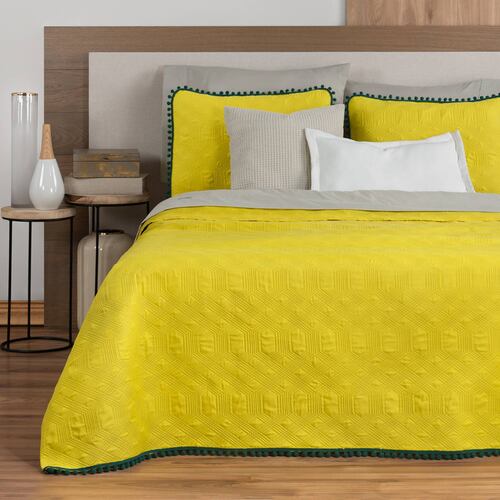 Edredón Ligero con Pompones Individual y Fundas de Almohada Limon Verde REAL TEXTIL.