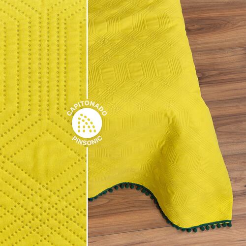 Edredón Ligero con Pompones Individual y Fundas de Almohada Limon Verde REAL TEXTIL.