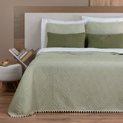 Edredón Ligero con Pompones Matrimonial y Fundas de Almohada Verde Claro Beige REAL TEXTIL.