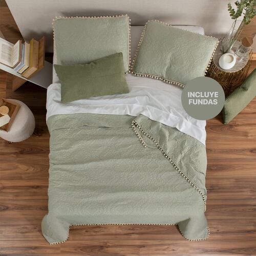 Edredón Ligero con Pompones Matrimonial y Fundas de Almohada Verde Claro Beige REAL TEXTIL.
