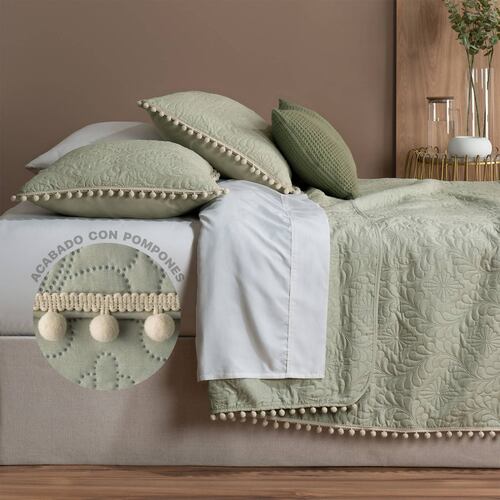 Edredón Ligero con Pompones Matrimonial y Fundas de Almohada Verde Claro Beige REAL TEXTIL.