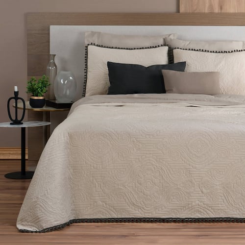 Edredón Ligero con Pompones Matrimonial y Fundas de Almohada Beige Negro REAL TEXTIL.