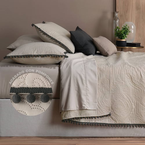 Edredón Ligero con Pompones Matrimonial y Fundas de Almohada Beige Negro REAL TEXTIL.