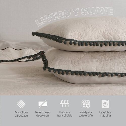 Edredón Ligero con Pompones Matrimonial y Fundas de Almohada Beige Negro REAL TEXTIL.