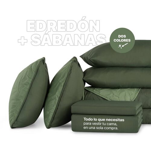 Set Edredón Ligero Matrimonial con Fundas y Sabanas Verde Oscuro - Oliva REAL TEXTIL.