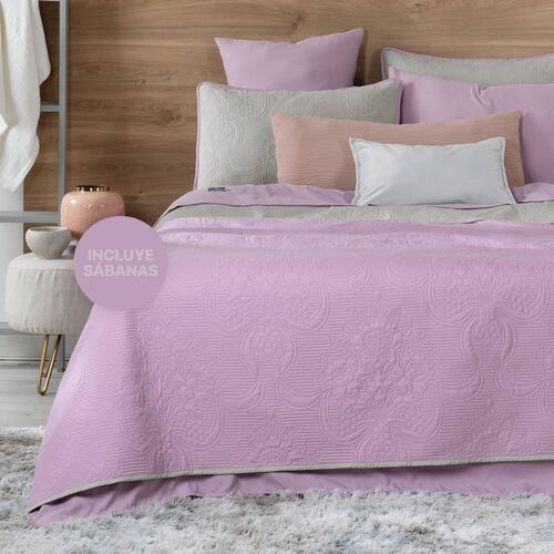 Set Edredón Ligero King Size con Fundas y Sabanas Violeta - Gris REAL TEXTIL.