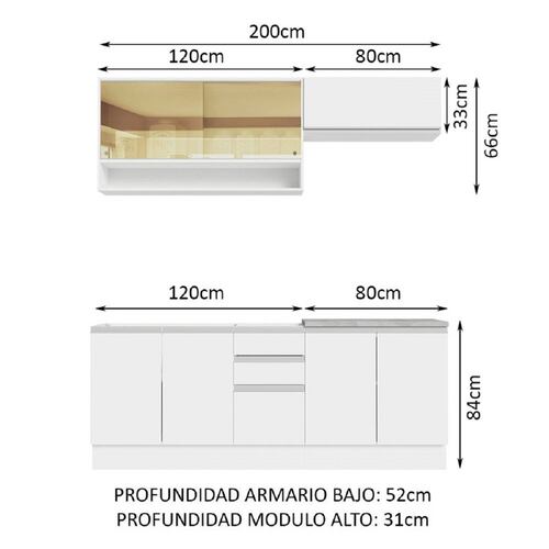 Mueble de Cocina Integral Madesa Glamy Con Mesón De Acero 200Cm