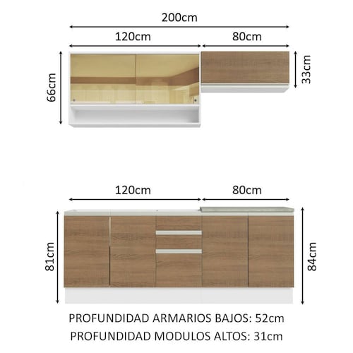 Mueble de Cocina Integral Madesa Glamy Con Mesón De Acero 200Cm