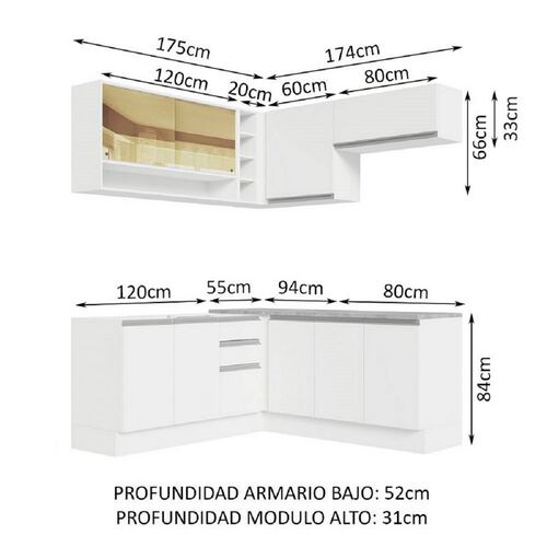 Mueble de Cocina Integral Esquinera Madesa Glamy Con Mesón De Acero