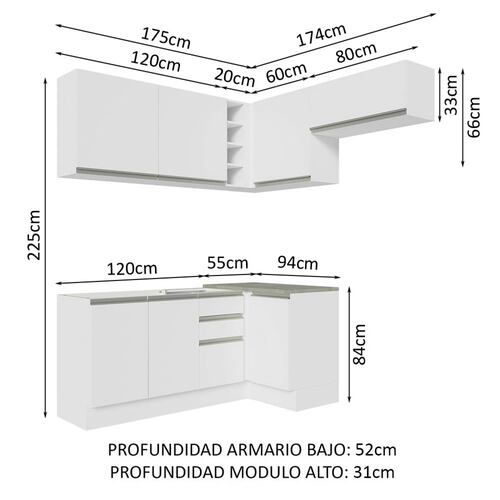 Mueble de Cocina Integral Esquinera Madesa Glamy 349 cm BB 07.