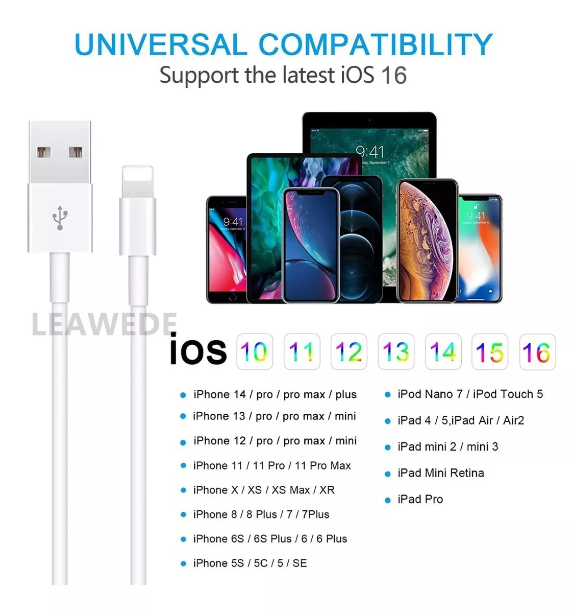 Cable De Cargador Usb Para iPhone iPad 2 Metro Blanco