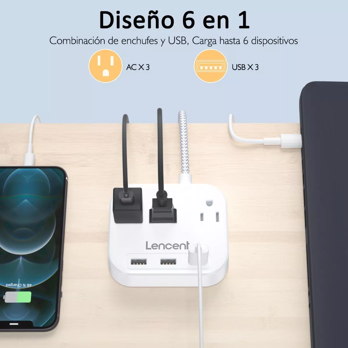 Regleta Multicontactos Adaptador De 3 Clavijas A 2 Con 3 Usb Blanco