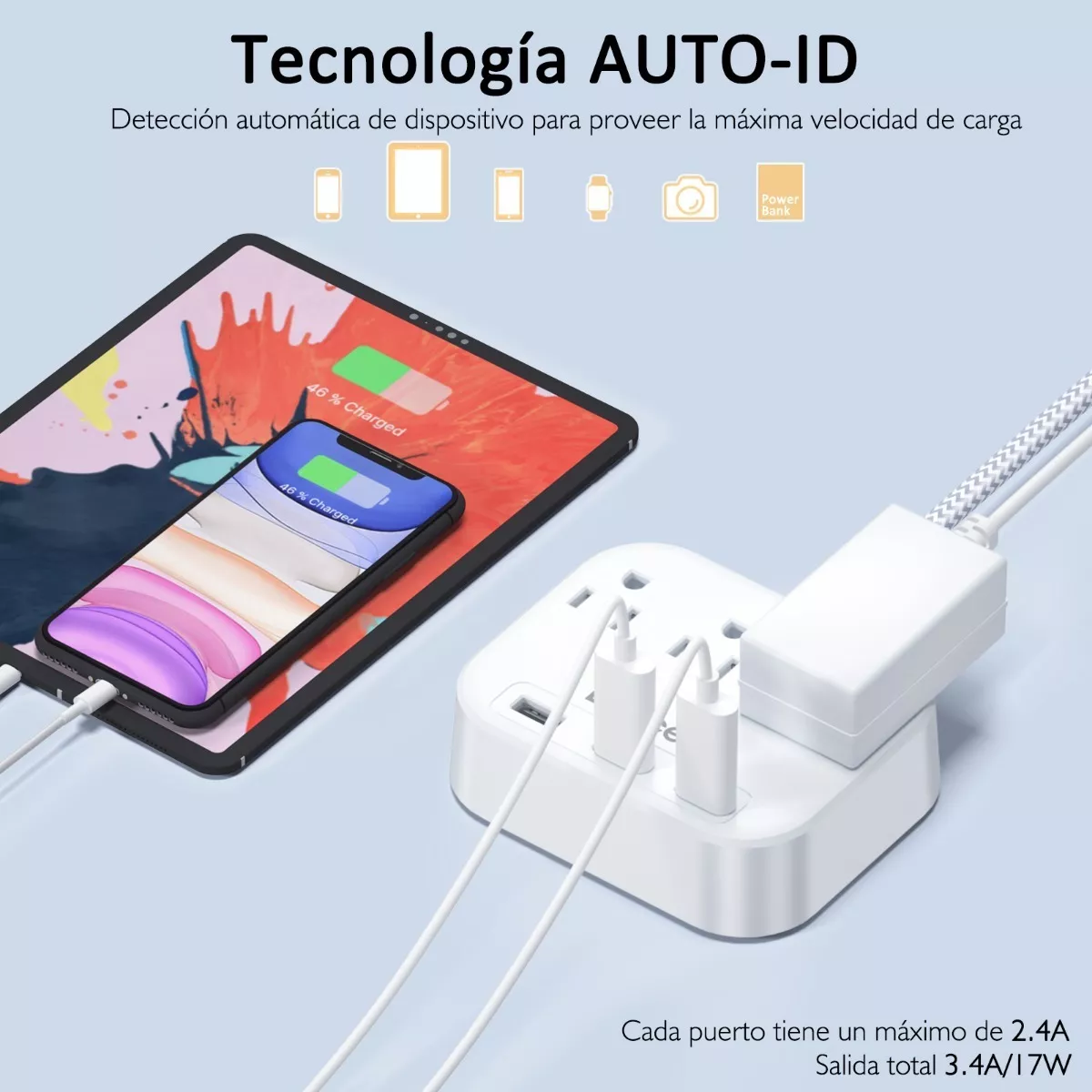 Regleta Multicontactos Adaptador De 3 Clavijas A 2 Con 3 Usb Blanco
