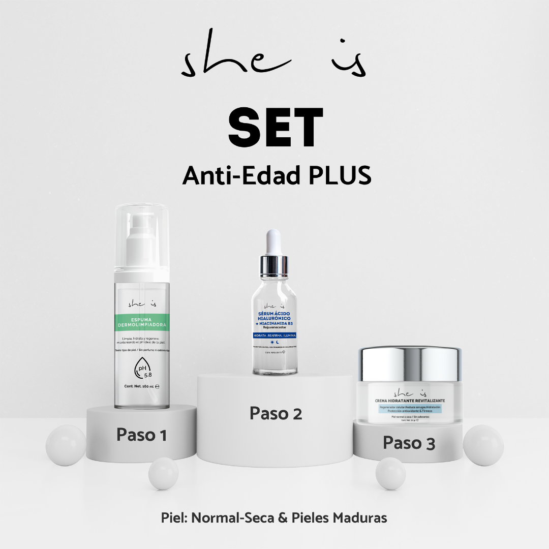 Set Facial Antiedad Plus (crema + serum + dermolimpiador) She is skincare