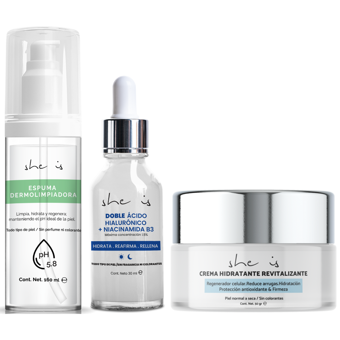 Set Facial Antiedad Plus (crema + serum + dermolimpiador) She is skincare