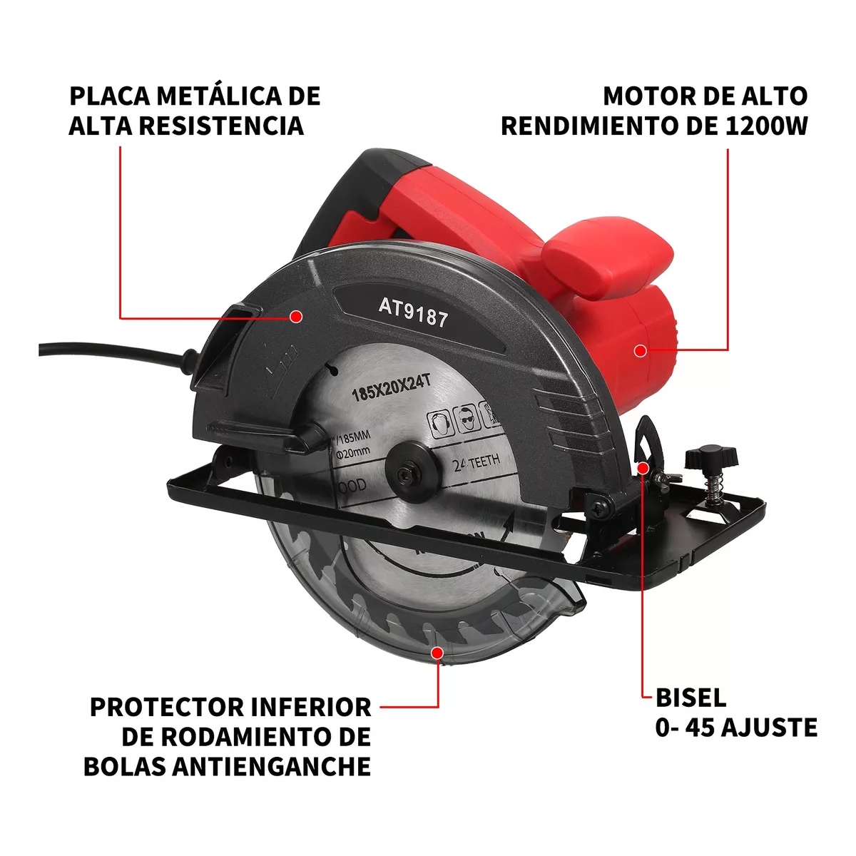 Sierra Circular Eléctrica De 1200 W, 185mm, 2 Sierras Negro/Rojo 