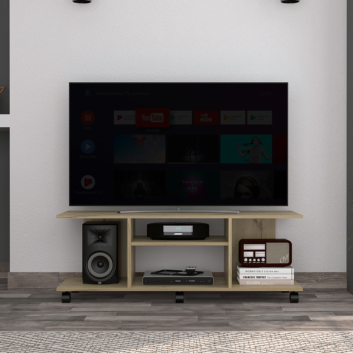 RACK DE TV ARMABLE PARA PANTALLA DE 50" MODELO BERLIN COLOR BEIGE.
