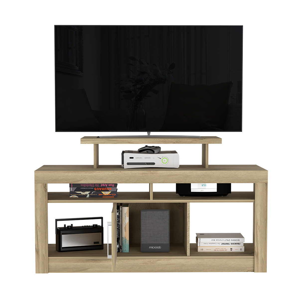 RACK ARMABLE PARA TV DE 32"CON ENTREPAÑOS Y PUERTA MODELO FLORIDA COLOR BEIGE.