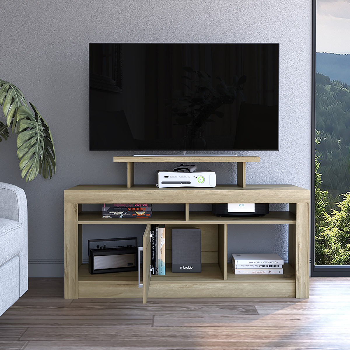 RACK ARMABLE PARA TV DE 32"CON ENTREPAÑOS Y PUERTA MODELO FLORIDA COLOR BEIGE.