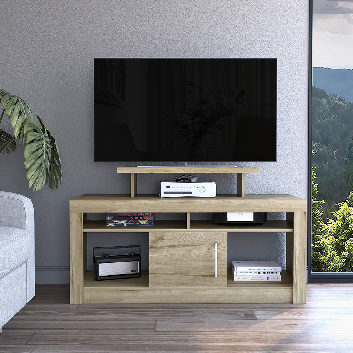 RACK ARMABLE PARA TV DE 32"CON ENTREPAÑOS Y PUERTA MODELO FLORIDA COLOR BEIGE.