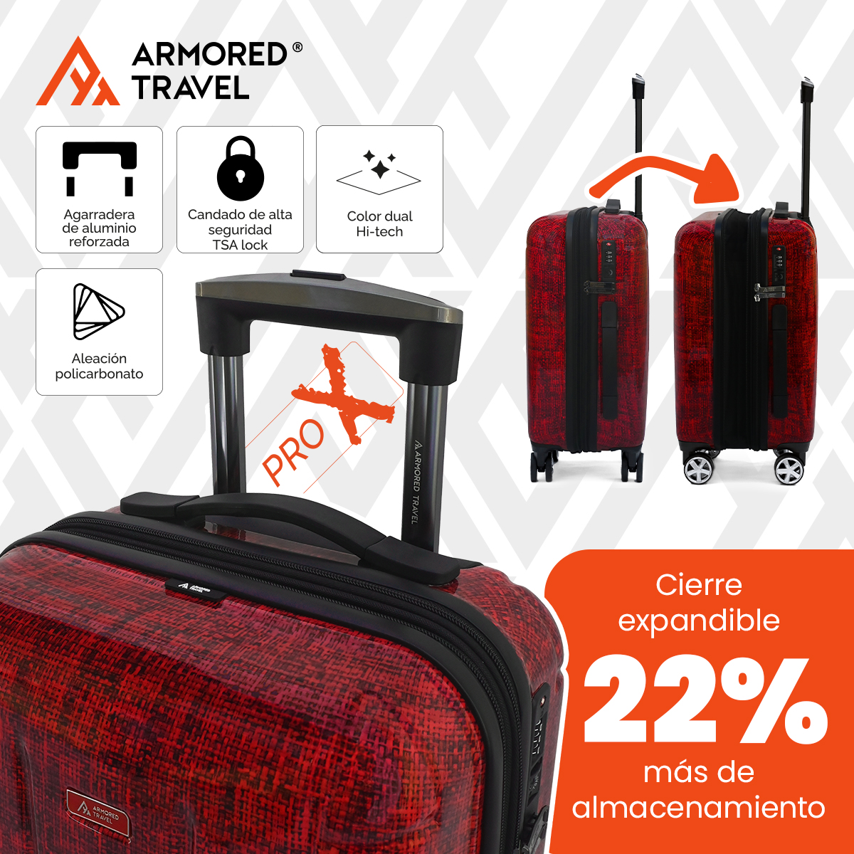 Maleta de mano carry-on cabina policarbonato Pro-x Marte 20 pulgadas capacidad 10 kg rígida con cierre expandible candado de alta seguridad tsa-lock Armored Travel.