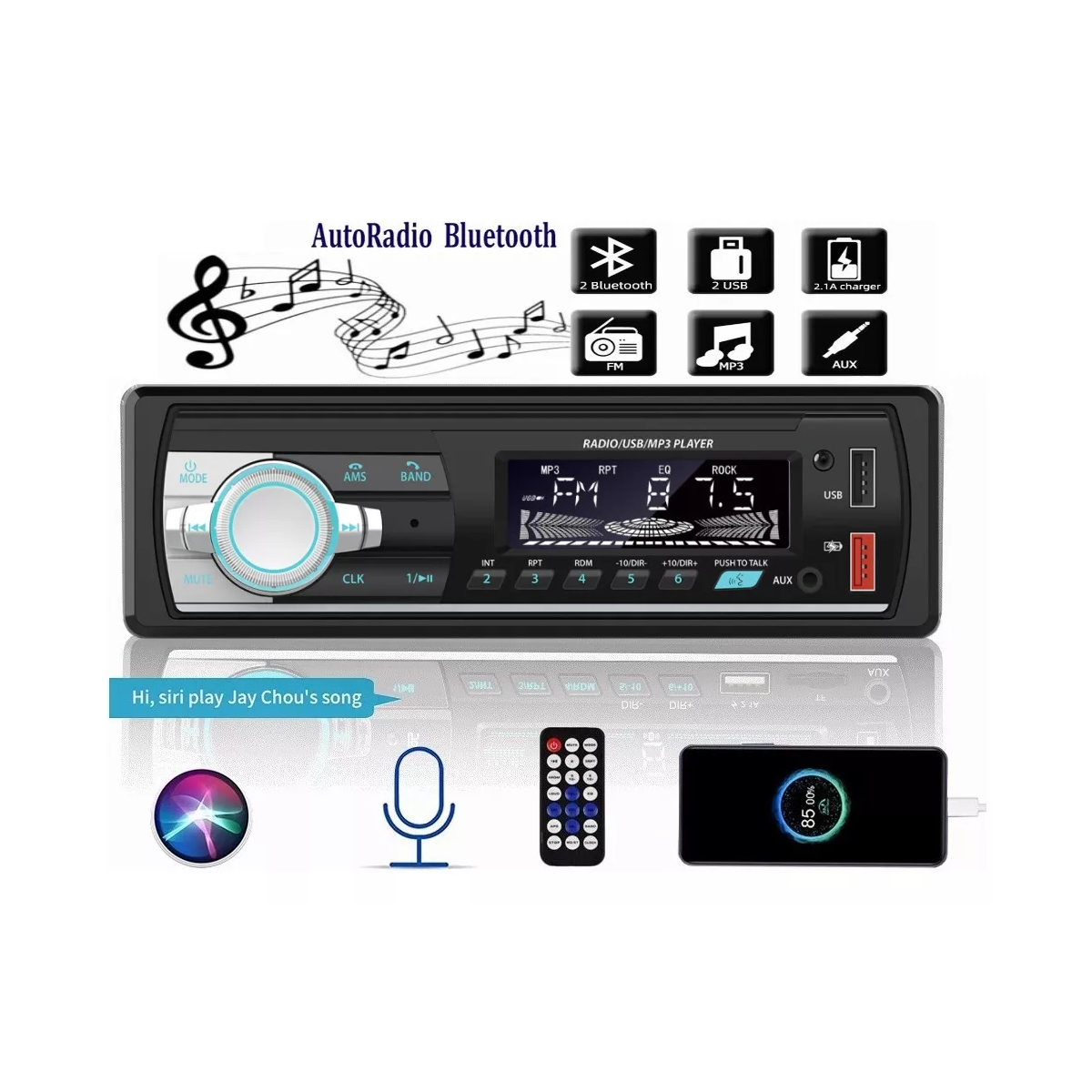 Autoestéreo Reproductor Mp3 Control Por Voz Bluetooth Usb Fm.