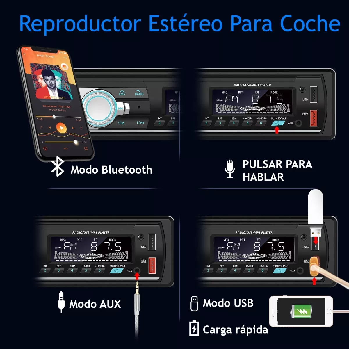 Autoestéreo Reproductor Mp3 Control Por Voz Bluetooth Usb Fm.
