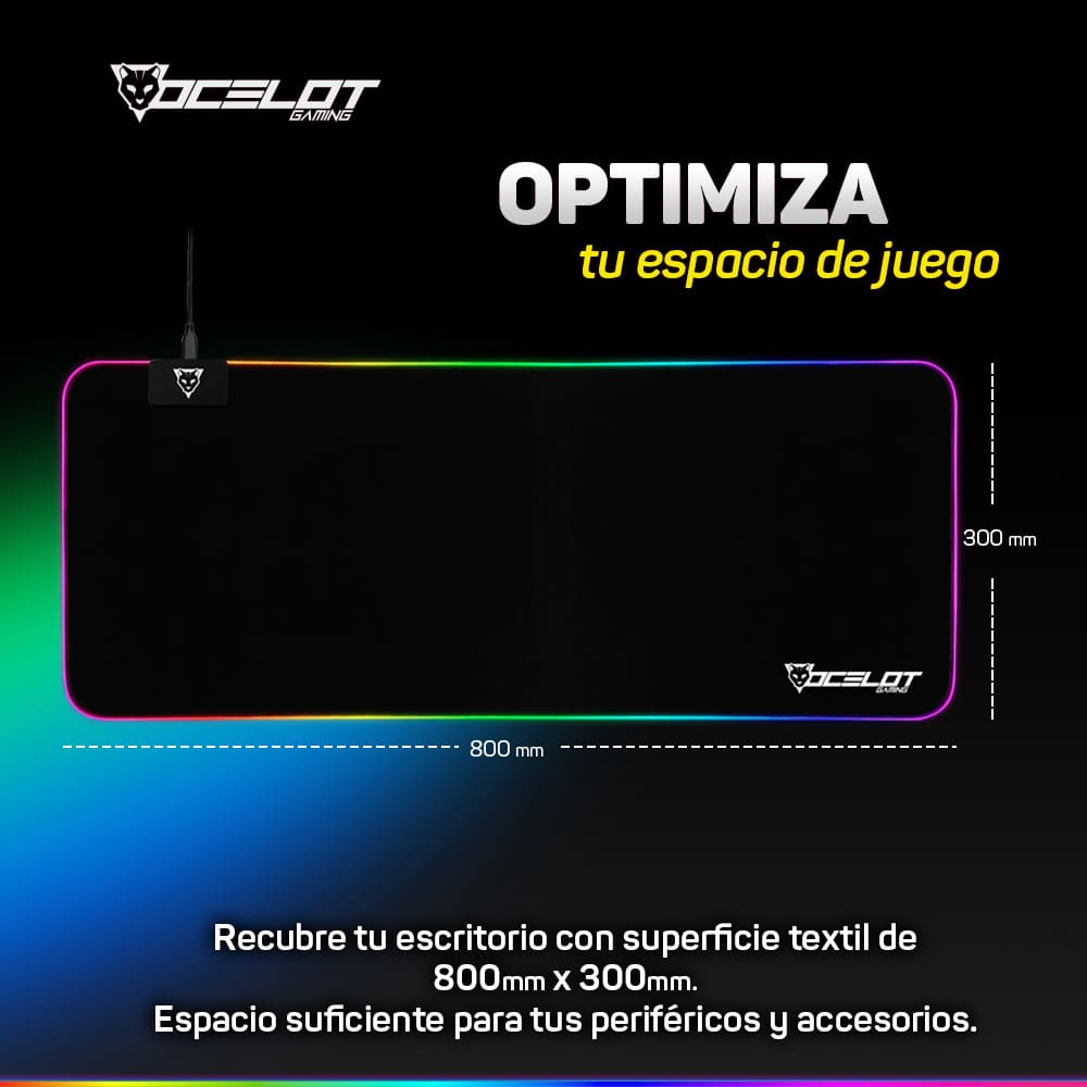 Mousepad Ocelot Gaming OMPXL01 de Tela, RGB, 300 mm x 800 mm x 4 mm, con Software.