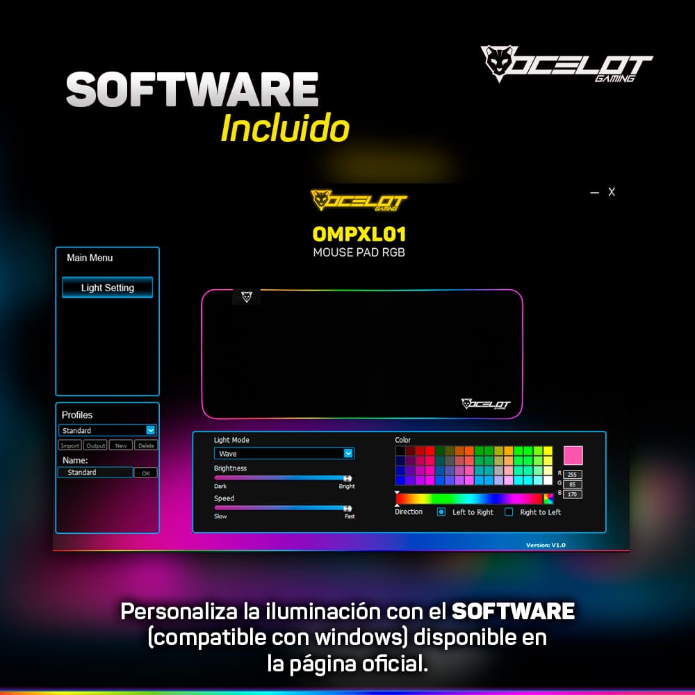 Mousepad Ocelot Gaming OMPXL01 de Tela, RGB, 300 mm x 800 mm x 4 mm, con Software.