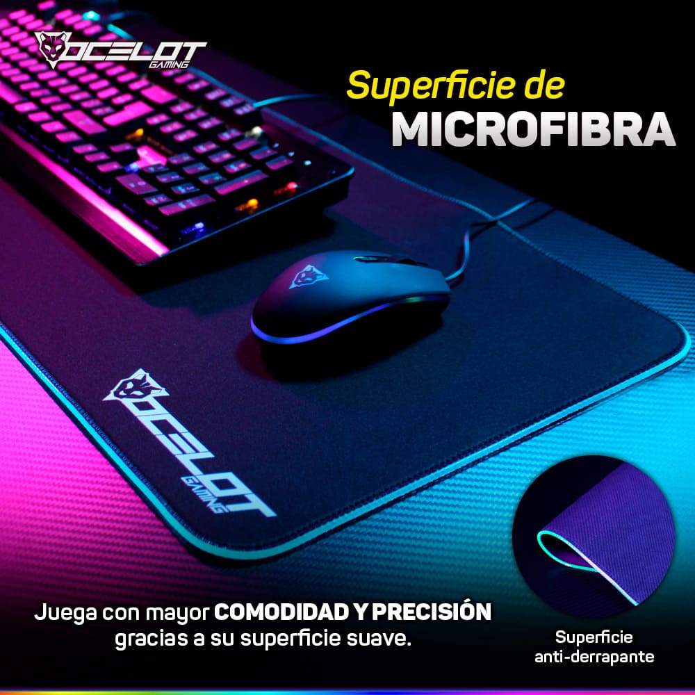 Mousepad Ocelot Gaming OMPXL01 de Tela, RGB, 300 mm x 800 mm x 4 mm, con Software.
