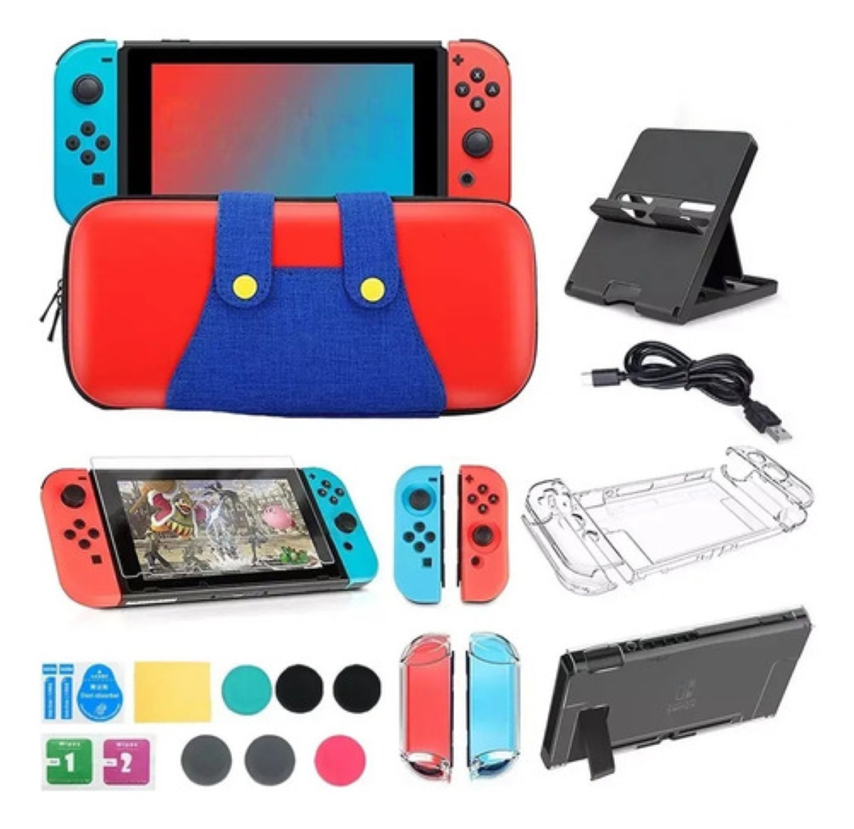 Kit Fundas Y Estuche De Nintendo Switch Con 20pzs Accesorios Rojo/Azul