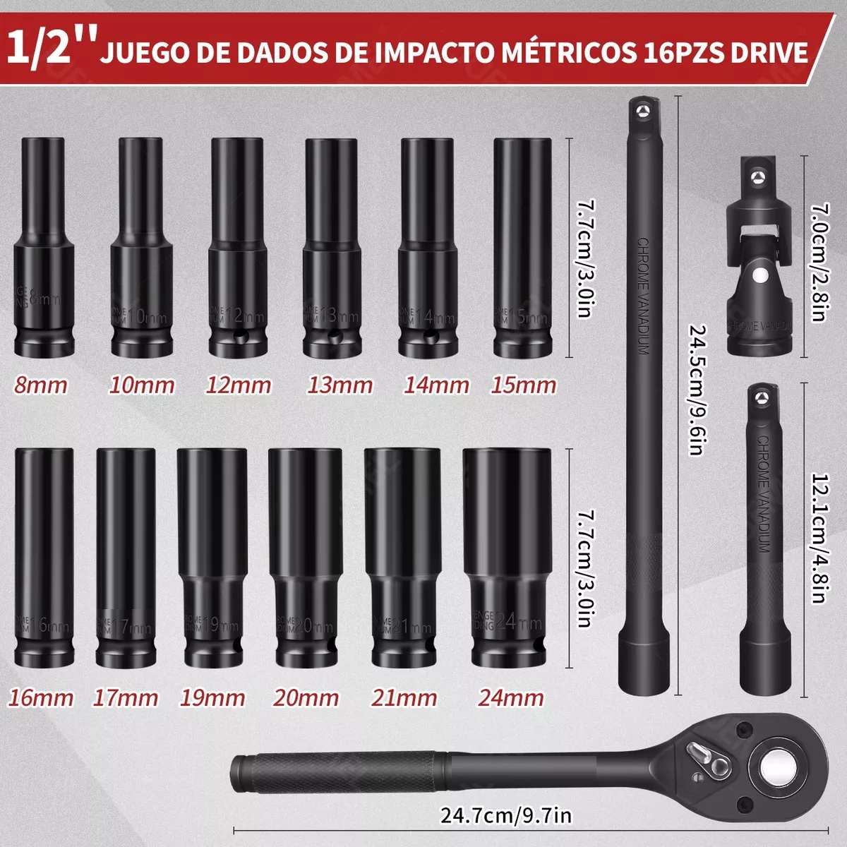 Juego De Dados Alto Impacto De Aire De 1/2 16 Piezas Negro.